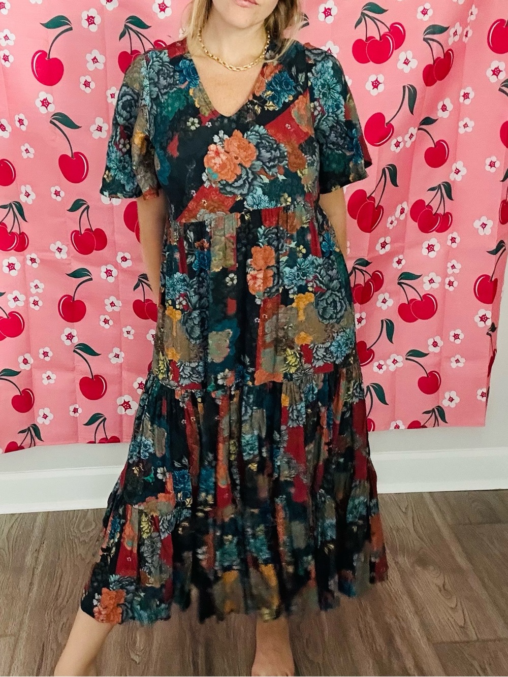 Soft Surroundings Teal Floral Patchwork V-Neck Tiered Maxi Dress